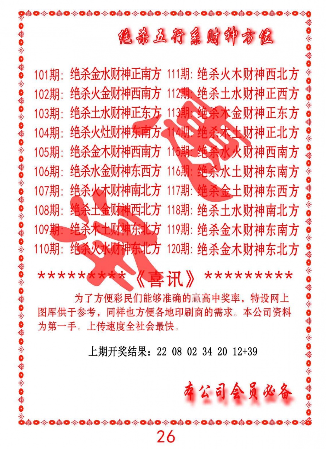 102期绝杀五行及财神方位[图]